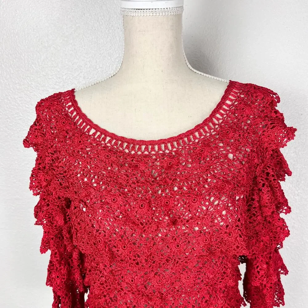 Anea A Red Crochet Lace Ruffle Sleeve Top S/M Boho Romantic Y2K Cottagecore - Picture 4 of 8
